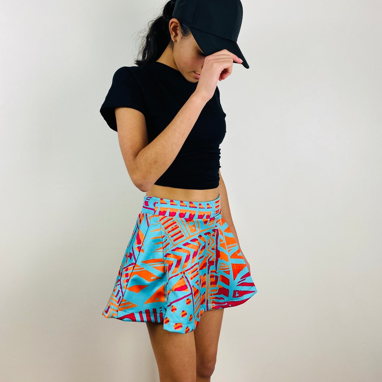 Girls Pickleball Skort – Turquoise & Orange Geometric Print