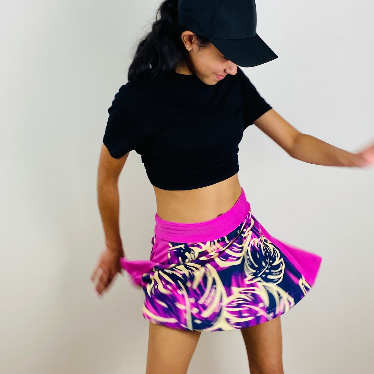 Girls Pickleball Skort – Pink & Purple Tropical Print
