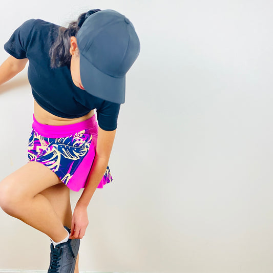 Girls Pickleball Skort – Pink & Purple Tropical Print